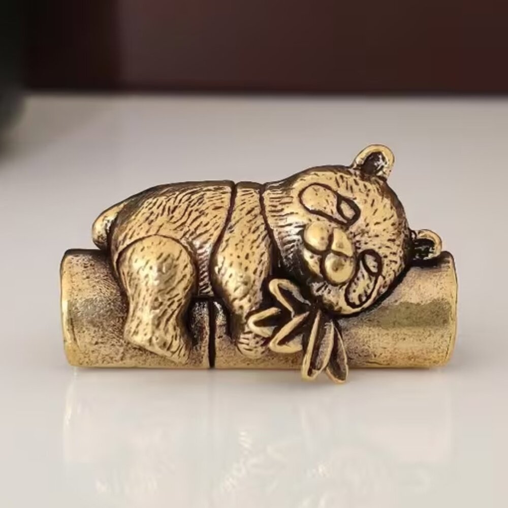 Chinese Sleeping Panda on a Bamboo Log Brass Ornament - NEW - 0.71 in x 1.67